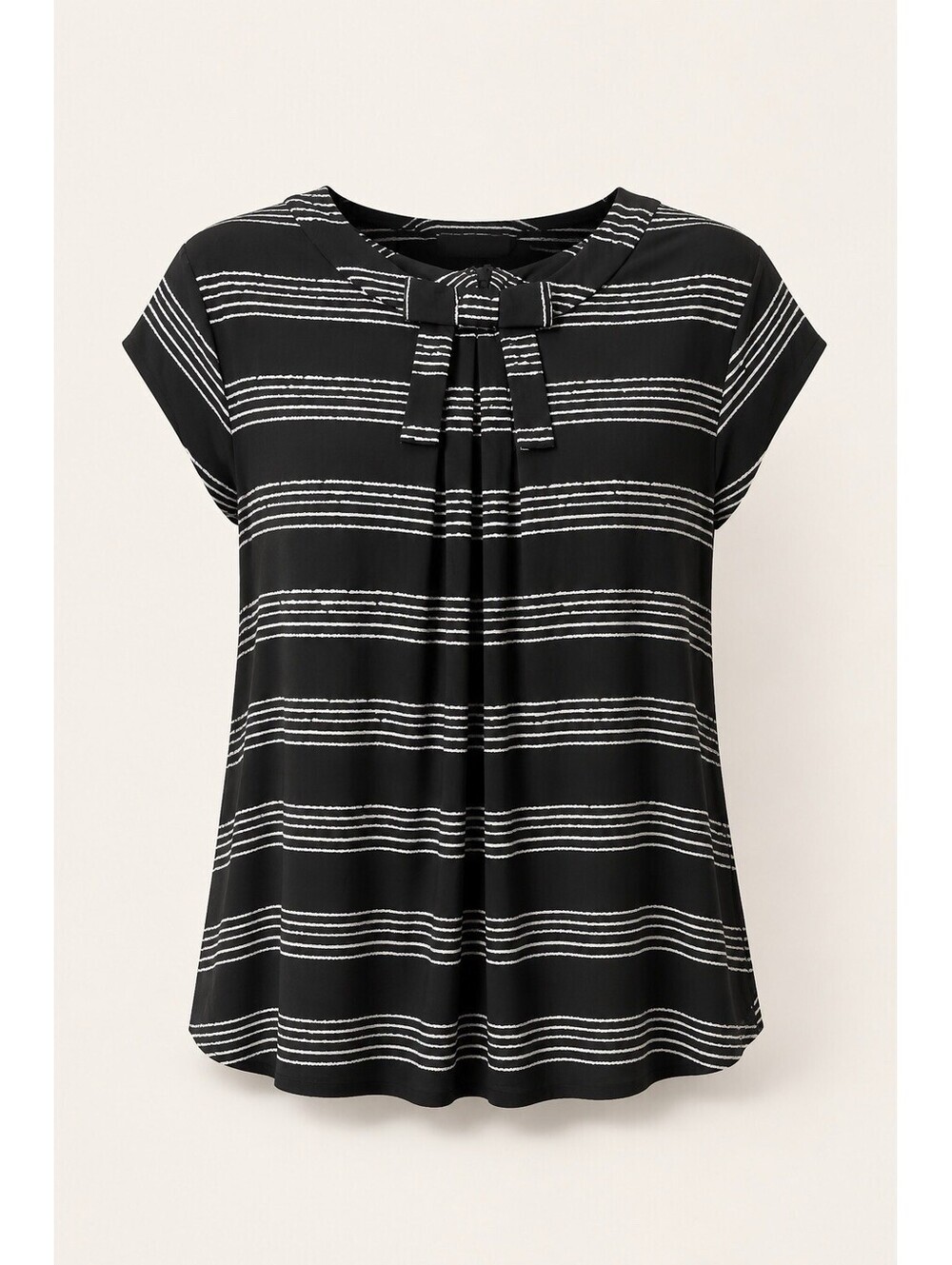 Karl Lagerfeld Paris Women Striped Top M Black White Pleated Bow Neck Cap Sleeve